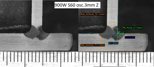 Przekrój makroskopowy spoiny pachwinowej wykonanej spawarką laserową FANTECH na blasze 3 mm przy mocy 900 W
