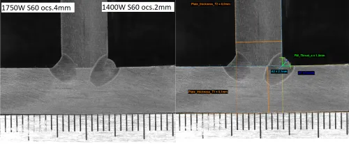 Przekrój makroskopowy spoiny pachwinowej wykonanej spawarką laserową FANTECH na stalowej blasze 8 mm