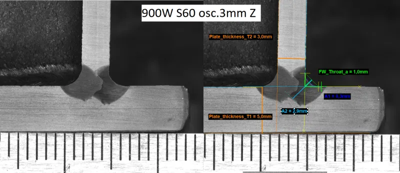 Przekrój makroskopowy spoiny pachwinowej wykonanej spawarką laserową FANTECH na blasze 3 mm przy mocy 900 W