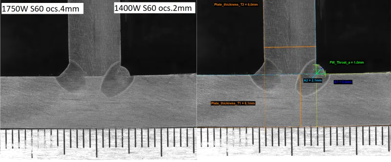 Makroschliff einer lasererzeugten Kehlnaht mit dem FANTECH-Schweißgerät auf 8 mm Stahlblech